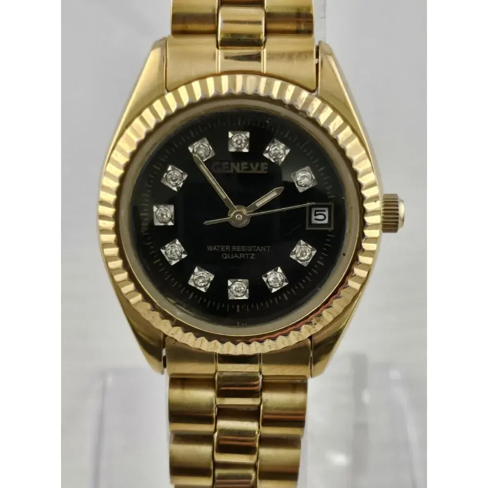 Ladies GENEVE Watch Presidential Bezel Date New Battery Crystal Dial Runs Nice!